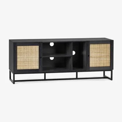 Furniture123 Large Black TV Unit with Rattan Drawers - Padstow
