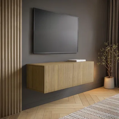 Furniture123 Multifunctional Small Oak Ribbed Floating TV Unit - TV's up to 55 - Hazel