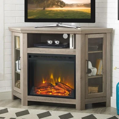 Furniture123 Foster Limewash Wood Corner TV Unit with Electric Fire Insert & Storage Cupboards - TV's up to 56