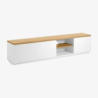 Kave Home Abilen oak wood veneer TV stand with 2 doora and 2 drawers in white lacquer, 200 x 44 cm FSC 100%