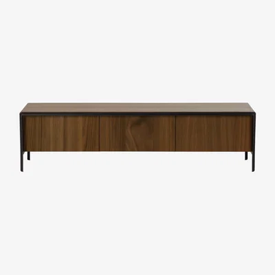 Kave Home Nadyria walnut wood veneer 3 door TV stand with black finish steel, 180 x 50 cm