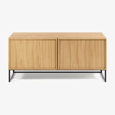 Kave Home Taiana 2 door TV stand with oak veneer and steel frame in black finish, 112 x 51 cm