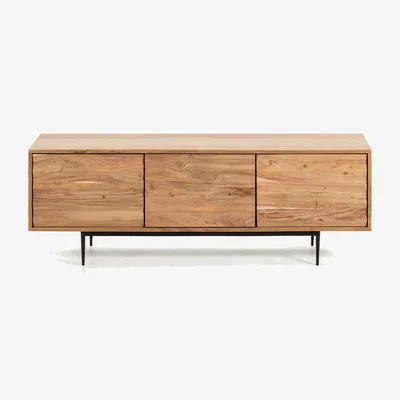 Kave Home Delsie solid acacia wood 3 door TV stand with black finish steel, 147 x 50 cm