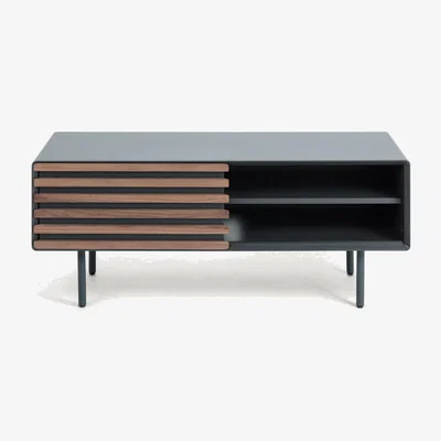 Kave Home Kesia single door TV stand with walnut wood veneer with black lacquer & black steel, 120 x 48.5 cm