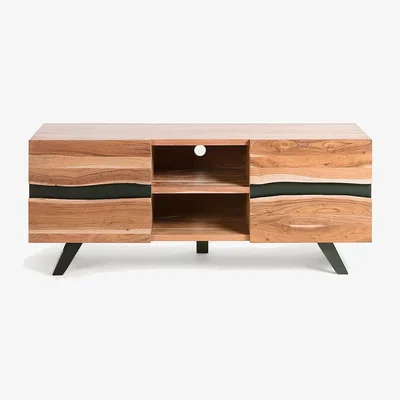 Kave Home Uxia solid acacia wood TV stand with 2 doors and black finish steel, 160 x 65 cm