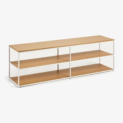 Kave Home Yoana TV stand with oak veneer and painted white metal structure, 160 x 40 cm
