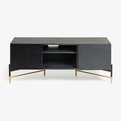 Kave Home Milian ash wood veneer 2 door TV stand with steel finished in black & gold, 141 x 56 cm
