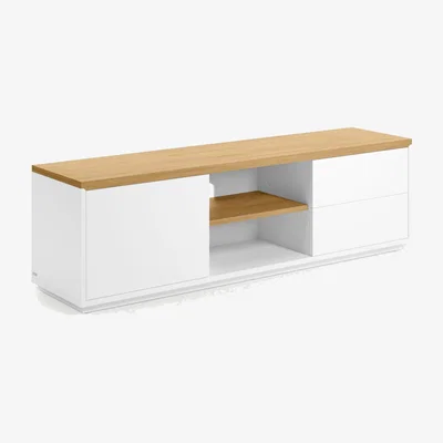 Kave Home Abilen oak wood veneer TV stand with 1 door & 2 drawers in white lacquer, 150 x 44 cm FSC 100%