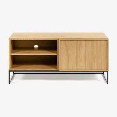Kave Home Taiana single door TV stand with oak veneer and steel frame in black finish, 112 x 51 cm