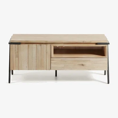 Kave Home Thinh solid acacia wood single door & drawer TV stand with black finish steel, 125 x 53 cm