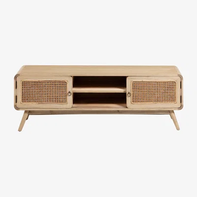 Kave Home Nalu 2 door solid white cedarwood & rattan TV stand, 150 x 50 cm