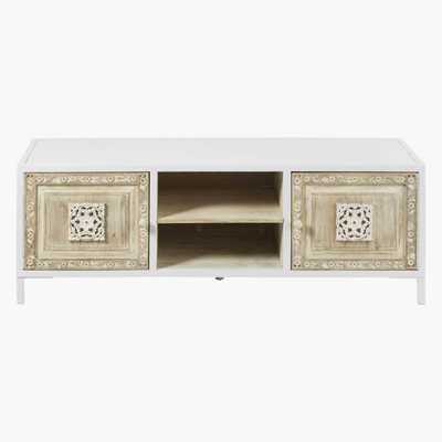 Maisons du Monde 2-Door TV Unit in White Metal and Carved Mango Wood Mambok