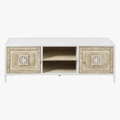 Maisons du Monde 2-Door TV Unit in White Metal and Carved Mango Wood Mambok
