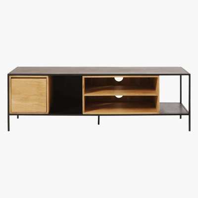 Maisons du Monde Solid Mango Wood and Black Metal 1-Door TV Cabinet Wayampi