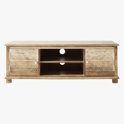 Maisons du Monde Solid Mango Wood 2-Door TV Cabinet with White Motifs Caraiba