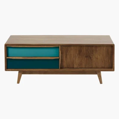 Maisons du Monde Blue and Grey Mango Wood 2-Drawer TV Unit Janeiro