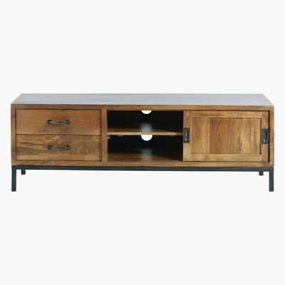 Maisons du Monde Solid Mango Wood and Black Metal 1-Door 2-Drawer TV Cabinet Hipster