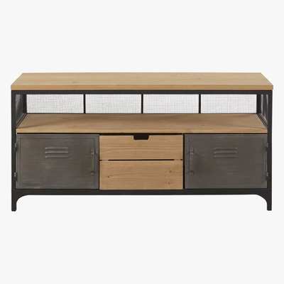 Maisons du Monde Pine and Metal 1-Drawer 2-Door Industrial-Style TV Unit Harvey