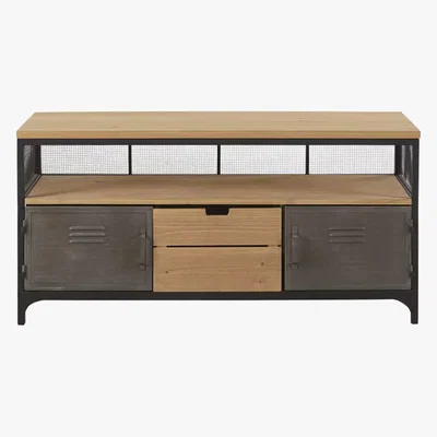 Maisons du Monde Pine and Metal 1-Drawer 2-Door Industrial-Style TV Unit Harvey