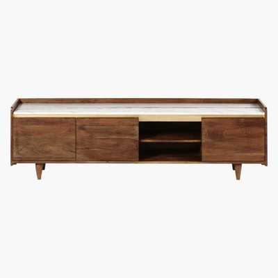 Maisons du Monde White Marble and Solid Acacia 3-Door TV Cabinet Cappuccino