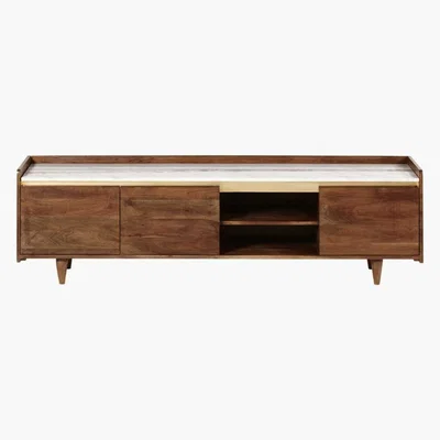Maisons du Monde White Marble and Solid Acacia 3-Door TV Cabinet Cappuccino
