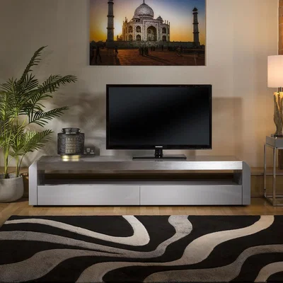 Quatropi Modern Grey TV Cabinet Grey Gloss 200 cm Unit / Stainless with Glass Top
