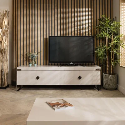 Quatropi Modern Large TV Stand - 200cm Matte Chalk & Smoked Chrome TV Unit Cabinet