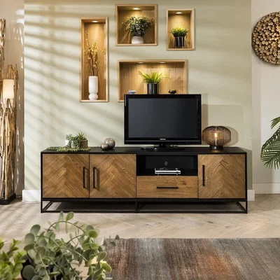 Quatropi Industrial Solid Wood TV Stand Cabinet Parquet Herringbone Black 200cm