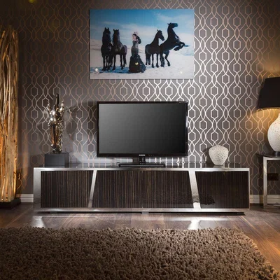 Quatropi Large Luxury TV Cabinet Ebony Gloss Coffee Glass Top Stainless Frame V