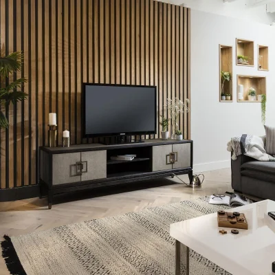 Quatropi ExDisplay Quatropi Shagreen TV Stand 185cm Gold - Black Oak Unit, 4 Doors, Open Storage