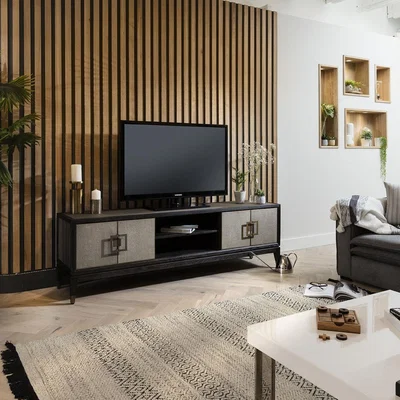 Quatropi Quatropi Shagreen TV Stand 185cm Gold - Black Oak Unit, 4 Doors, Open Storage