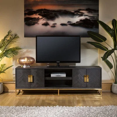 Quatropi Modern Luxury Large Black Oak and Gold TV Stand / Cabinet 185cm