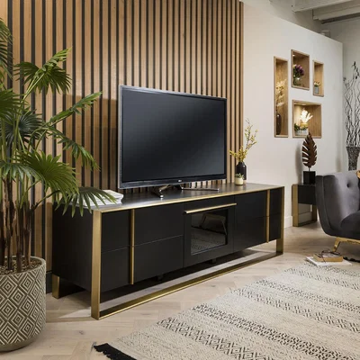 Quatropi ExDisplay TV Stand 200cm Matte Black with Brass Frame & Black Ceramic Top