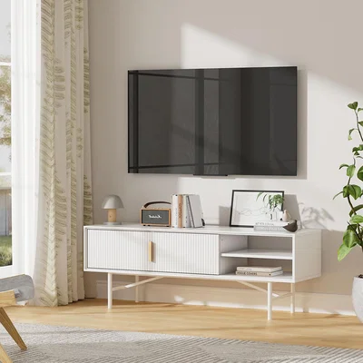The Range White Striped Wooden TV Stand with Storage - White