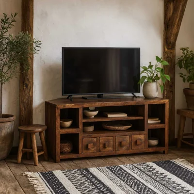 The Range Phuket Corner TV Unit Dark Mango Wood 4 Drawers 6 Shelves - Brown