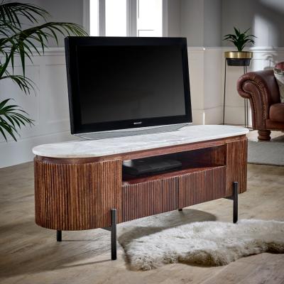 The Range Opal Mango Wood Tv Cabinet With Marble Top and Metal Legs - White