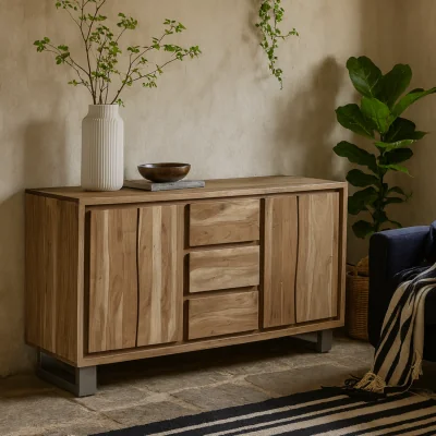 The Range Wellington Wide Solid Acacia Media Unit with Metal Legs 3 Drawers and 2 Doors - Brown