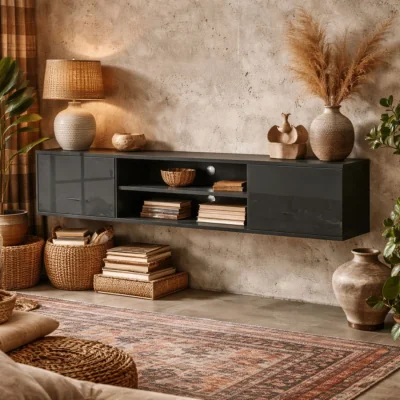 The Range Minoco Grey Floating TV Stand with Shelf and Doors - Fits Up to 60 Inches