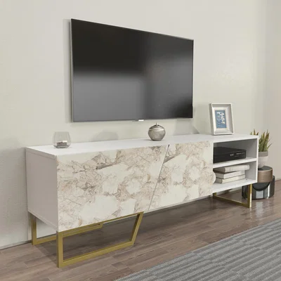 The Range Denasse 150 cm Wide TV Unit TV Stand with Metal Legs - White Marble Effect & Gold