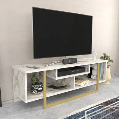 The Range Astona TV Stand - White Marble Effect-Gold Colour - White Marble Effect