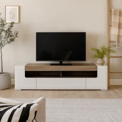 The Range Porto Wide TV Cabinet - Gloss White with Oak Detail, 2 Doors 2 Drawers - White