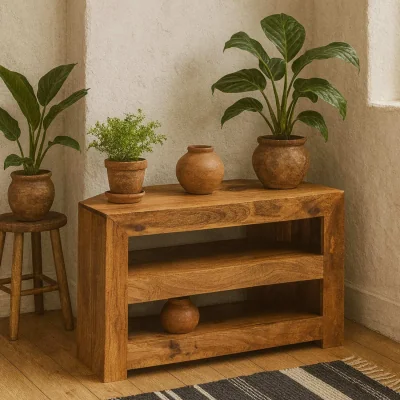 The Range Manila Corner TV Unit in Light Mango Wood with 2 Open Shelves - Brown