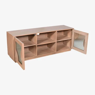 The Range Wyld Haus New Mexico Mango Wood 2-Door TV Unit, Reeded Glass, Honey Matt Finish - Brown