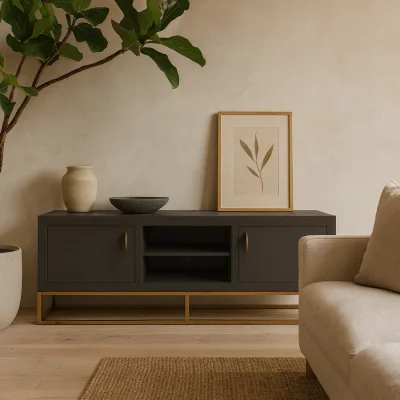The Range Mandalo Shagreen TV Unit with Brushed Brass Base and 2 Doors - Brown