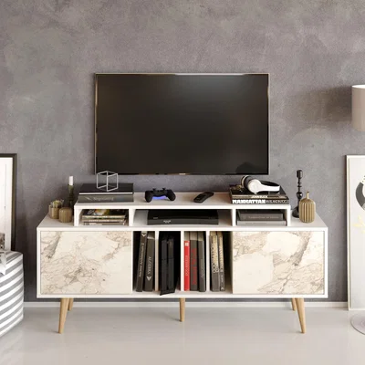 The Range Marble Charlize 160cm Wide TV Stand with Cabinets and Shelves - White and Marble