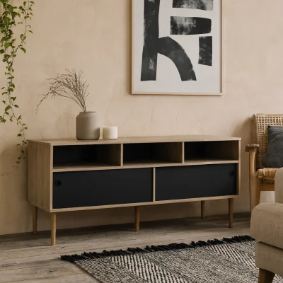 The Range Tao TV Unit Jackson Hickory Oak-Effect with Matt Black, 2 Sliding Doors - Natural