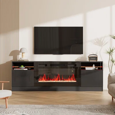 The Range Electric Fireplace TV Stand with Recessed Design - Black / Glass MDF Metal