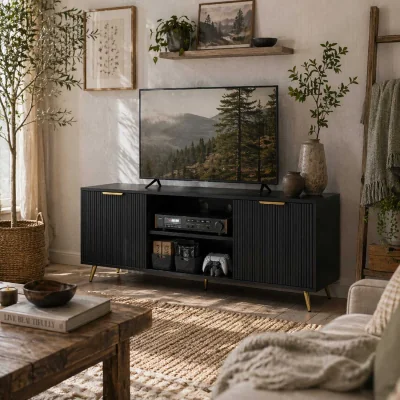The Range Ellini Wooden Black TV Stand - 2 Open Shelves, 2 Doors, Fits up to 55 Inches