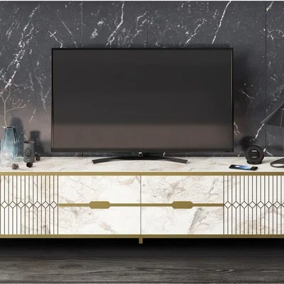 The Range Frida 180 cm Wide Tv Stand - White, Ephesus and Gold - Marble Effect