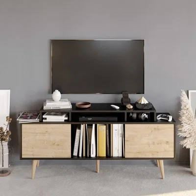 The Range Oak Charlize 160cm Wide TV Stand with Cabinets and Shelves - Black and Oak